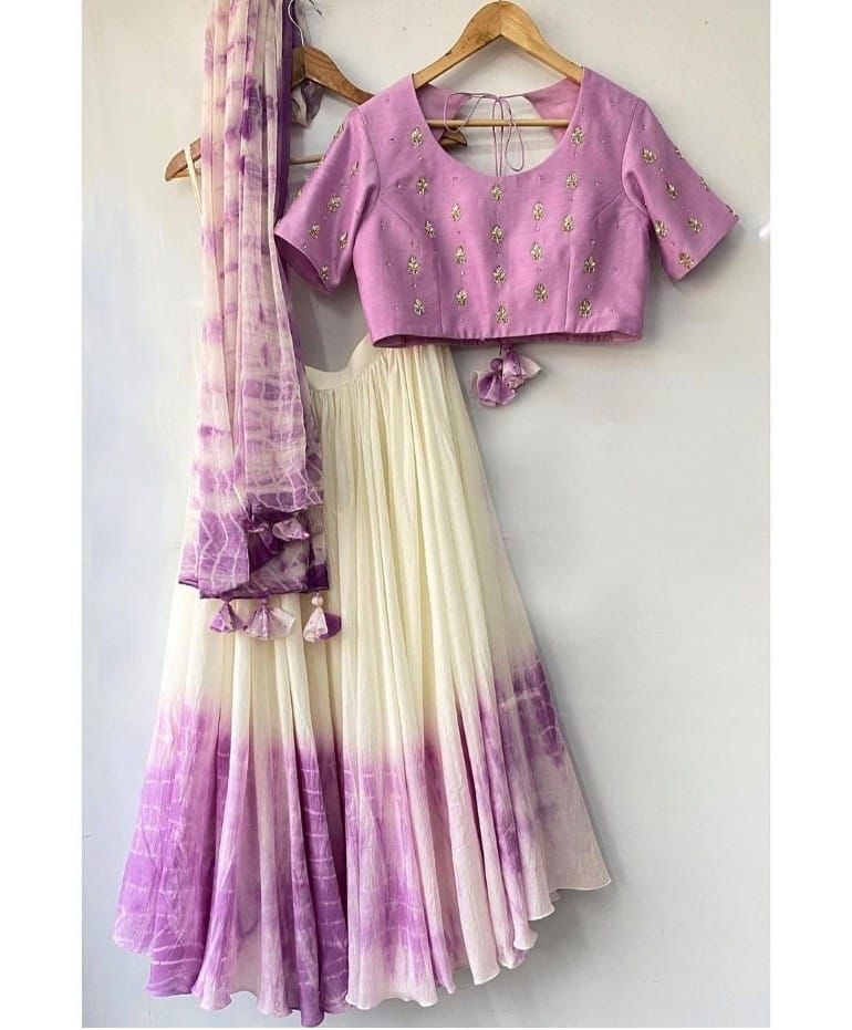 Purple Shibori Marble Dyed Lehenga with Raw Silk Hand Embroidered Blouse In Multi Colors ClothsVilla