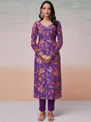 Purple Silk Digital Print & Sequins Work Top with Bangalori Silk Pant – Ready to Wear Set ClothsVilla