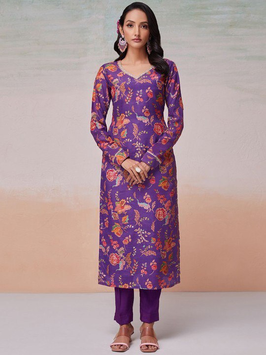 Purple Silk Digital Print & Sequins Work Top with Bangalori Silk Pant – Ready to Wear Set ClothsVilla Main image