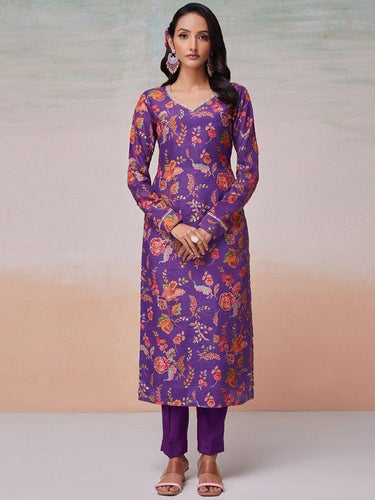 Purple Silk Digital Print & Sequins Work Top with Bangalori Silk Pant – Ready to Wear Set ClothsVilla