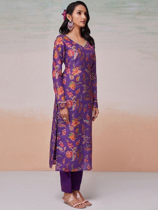 Purple Silk Digital Print & Sequins Work Top with Bangalori Silk Pant – Ready to Wear Set ClothsVilla