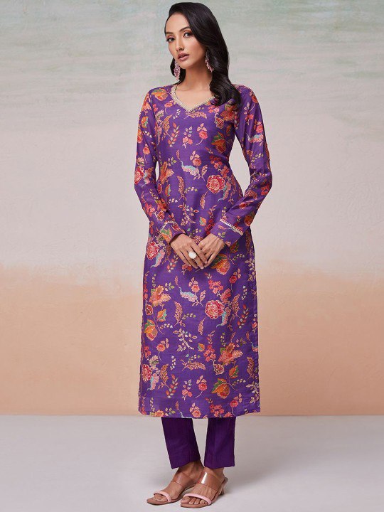 Purple Silk Digital Print & Sequins Work Top with Bangalori Silk Pant – Ready to Wear Set ClothsVilla