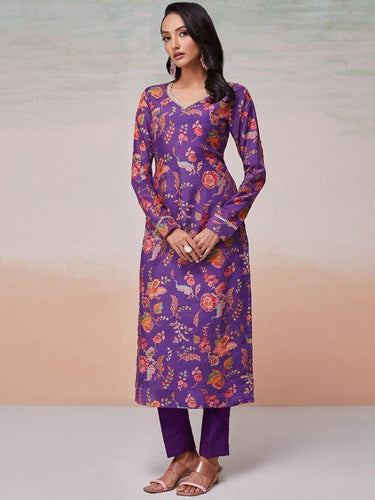 Purple Silk Digital Print & Sequins Work Top with Bangalori Silk Pant – Ready to Wear Set ClothsVilla