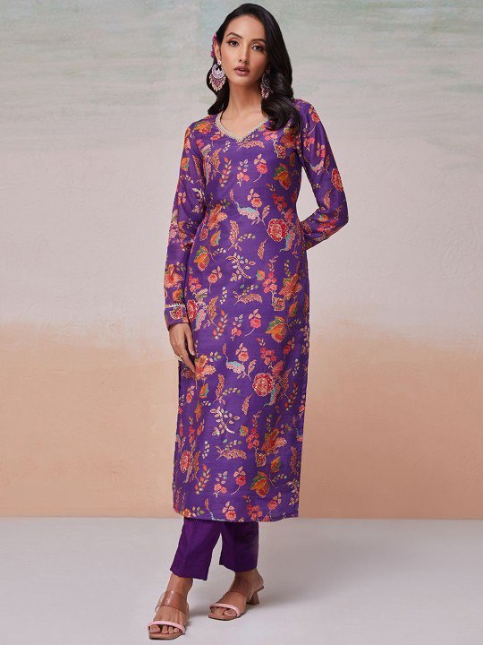 Purple Silk Digital Print & Sequins Work Top with Bangalori Silk Pant – Ready to Wear Set ClothsVilla