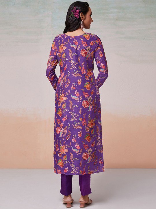 Purple Silk Digital Print & Sequins Work Top with Bangalori Silk Pant – Ready to Wear Set ClothsVilla