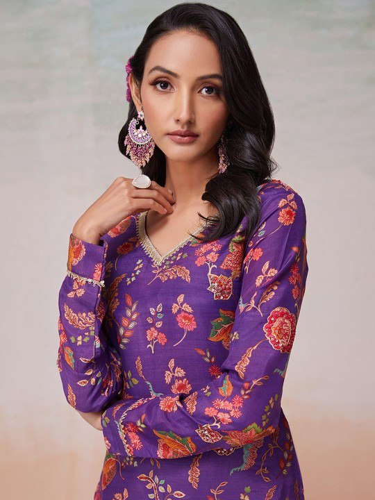 Purple Silk Digital Print & Sequins Work Top with Bangalori Silk Pant – Ready to Wear Set ClothsVilla