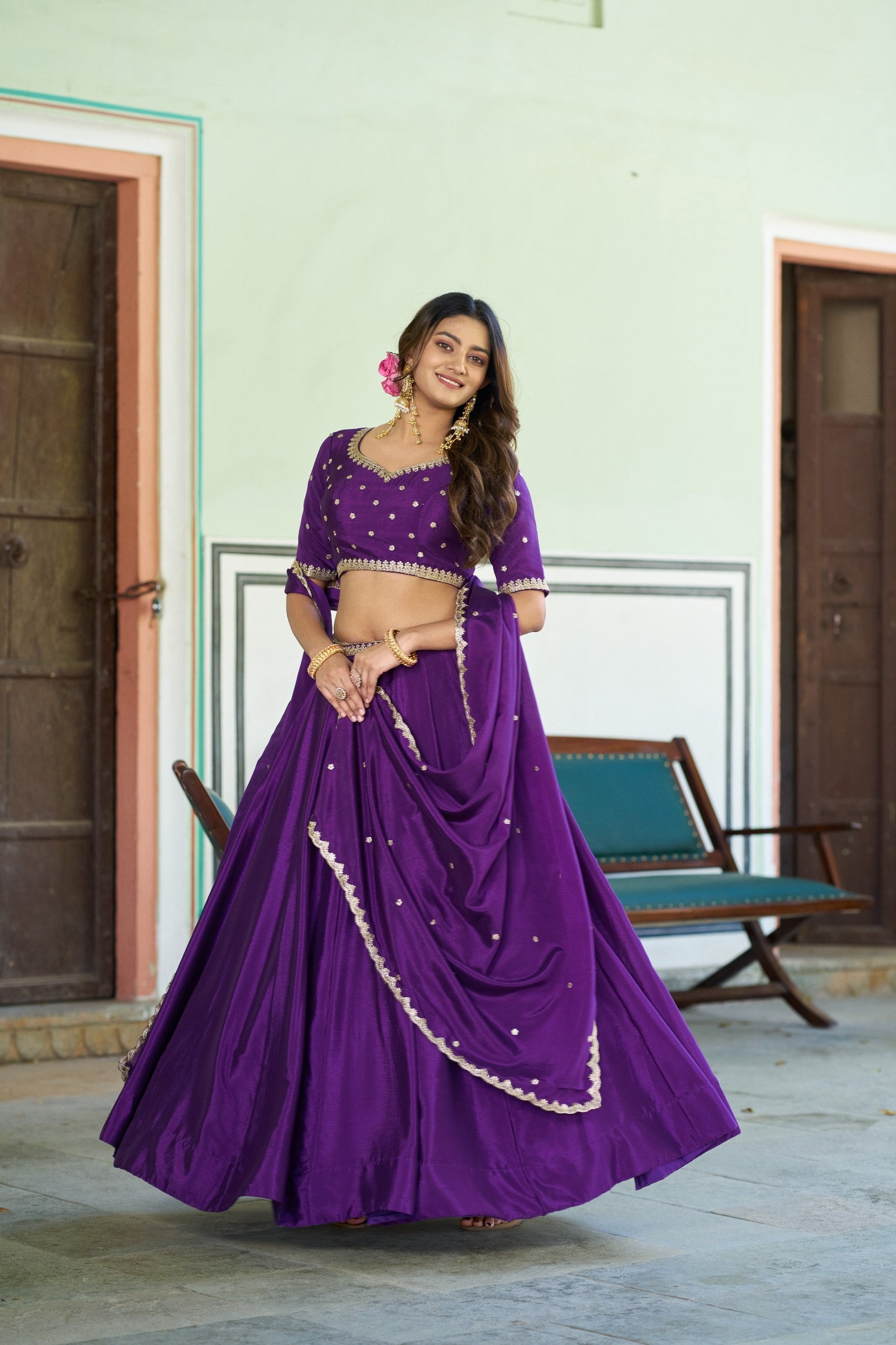 Purple Silk Embroidered Lehenga Secondary image