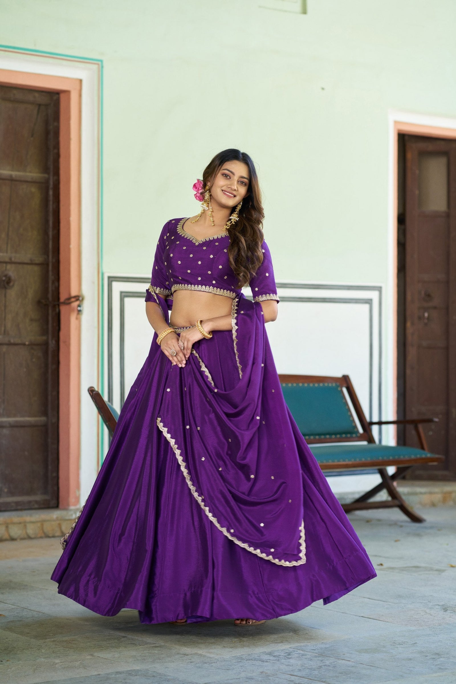 Purple Silk Embroidered Lehenga ClothsVilla