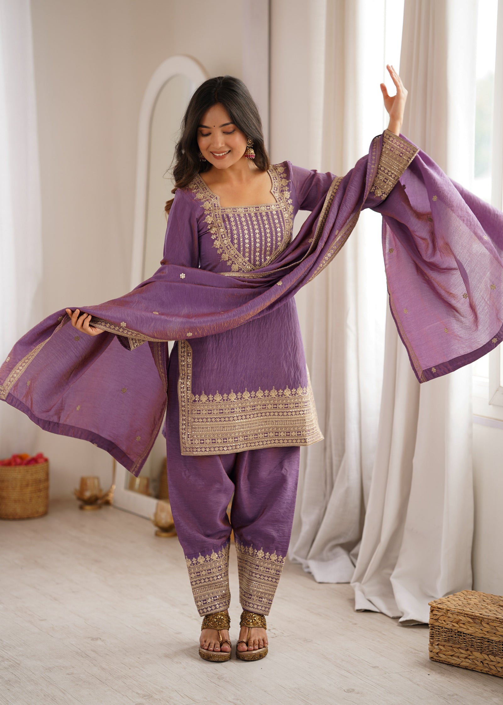 Purple Silk Farshi Shalwar Suit ClothsVilla
