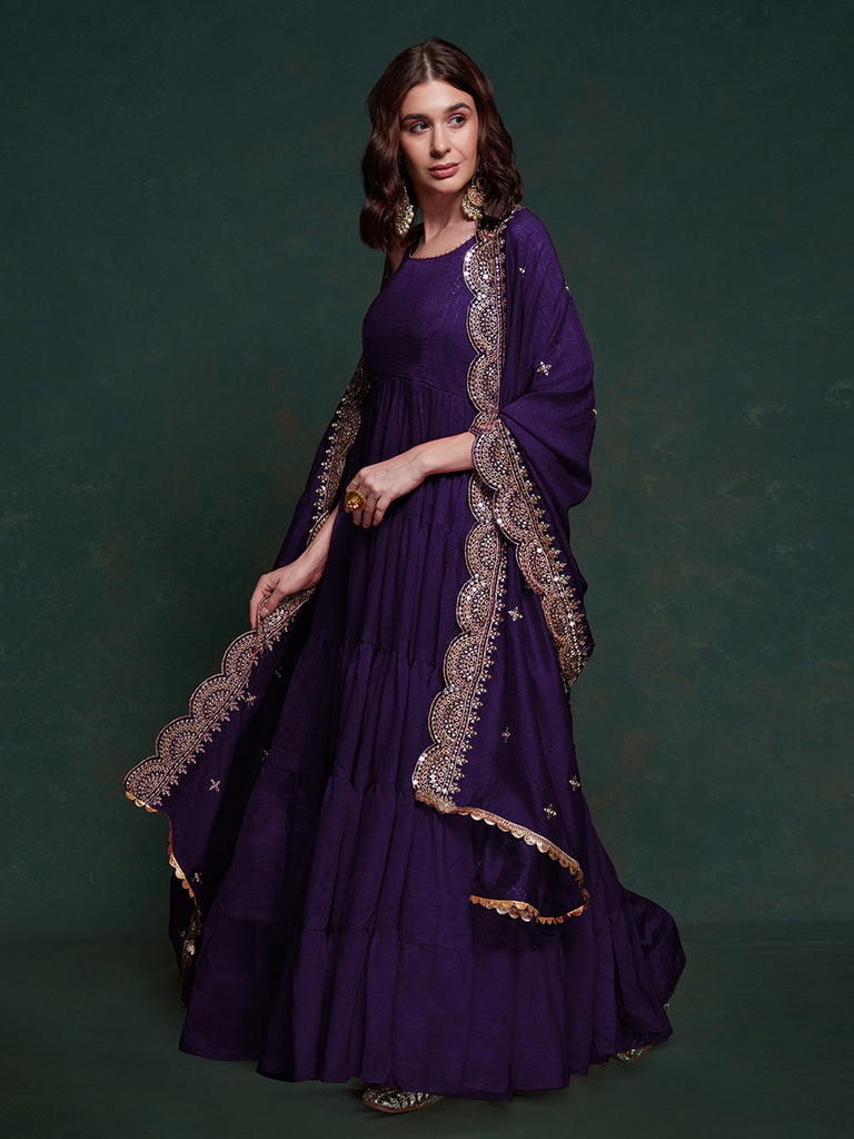 Purple Silk Gown with Sequins and Zari Embellishments ClothsVilla