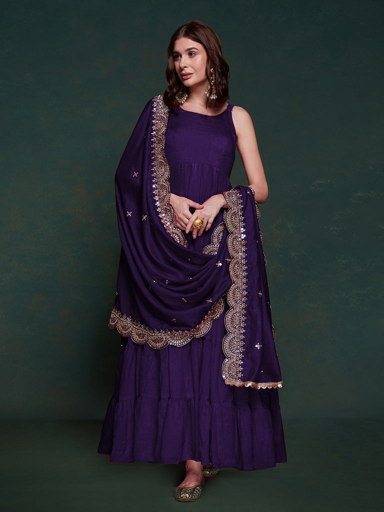 Purple Silk Gown with Sequins and Zari Embellishments ClothsVilla