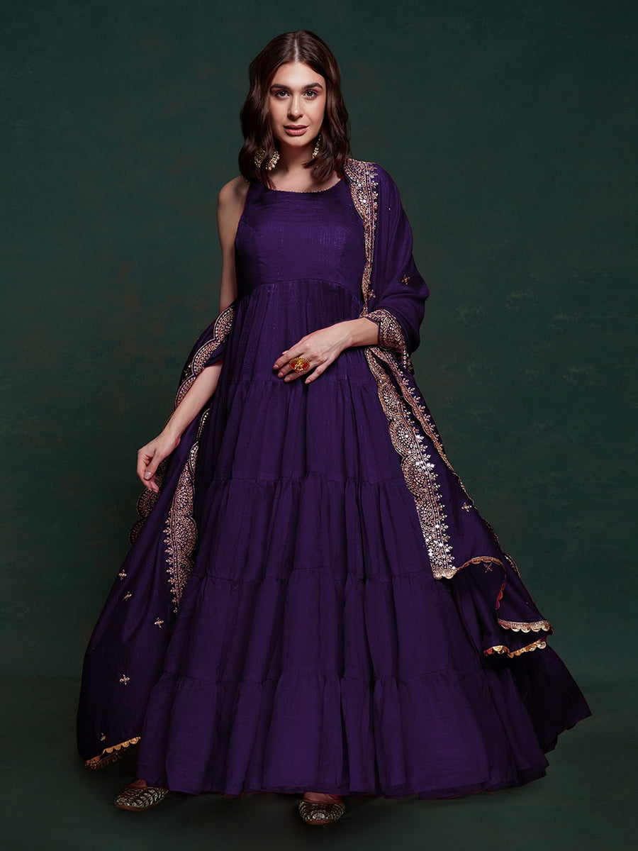 Plum Purple Silk Embroidered Designer Gown with Jacket