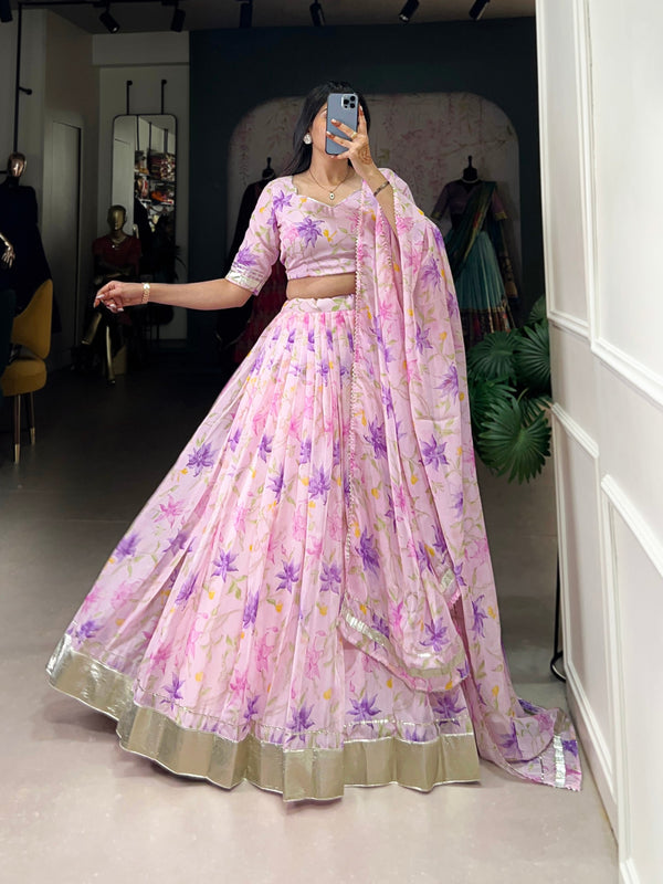 Purple Silken Blooms Tabby Silk Floral Print Lehenga with Lace Accents & Matching Dupatta