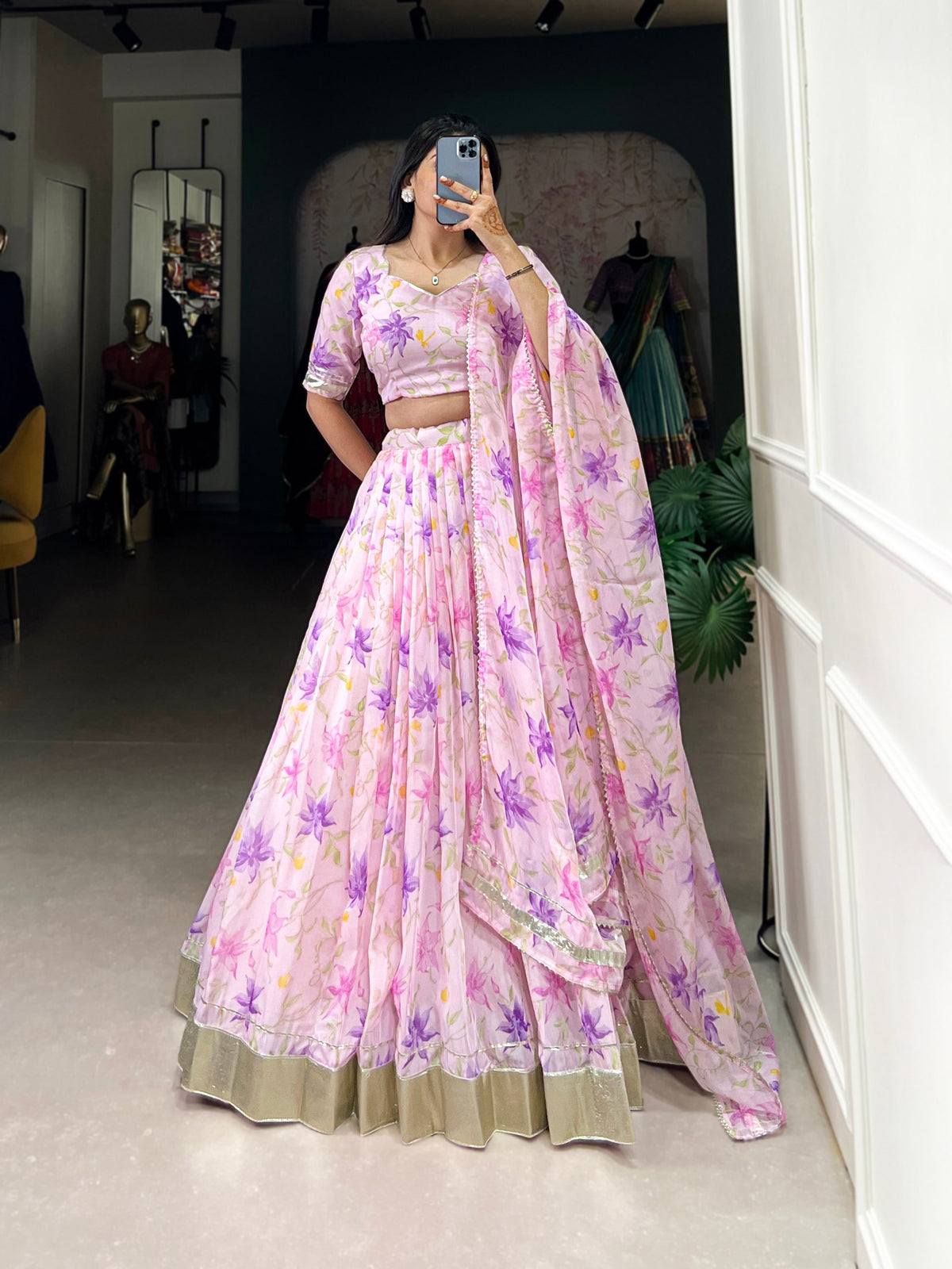 Purple Silken Blooms Tabby Silk Floral Print Lehenga with Lace Accents & Matching Dupatta Main image