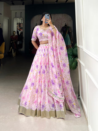 Purple Silken Blooms Tabby Silk Floral Print Lehenga with Lace Accents & Matching Dupatta