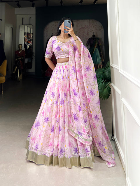 Purple Silken Blooms Tabby Silk Floral Print Lehenga with Lace Accents & Matching Dupatta Main image