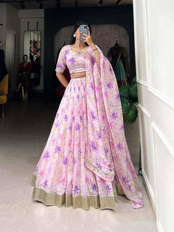 Purple Silken Blooms Tabby Silk Floral Print Lehenga with Lace Accents & Matching Dupatta