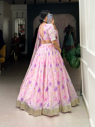 Purple Silken Blooms Tabby Silk Floral Print Lehenga with Lace Accents & Matching Dupatta