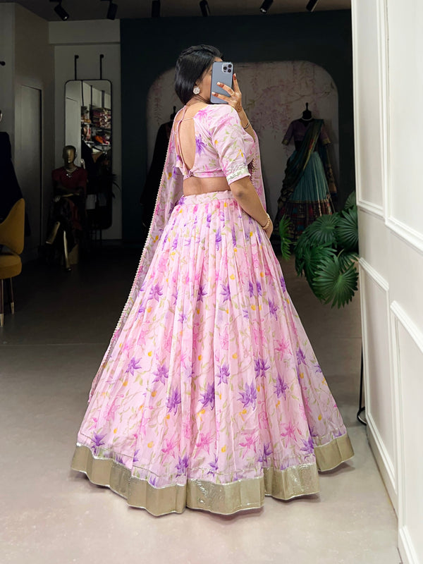 Purple Silken Blooms Tabby Silk Floral Print Lehenga with Lace Accents & Matching Dupatta