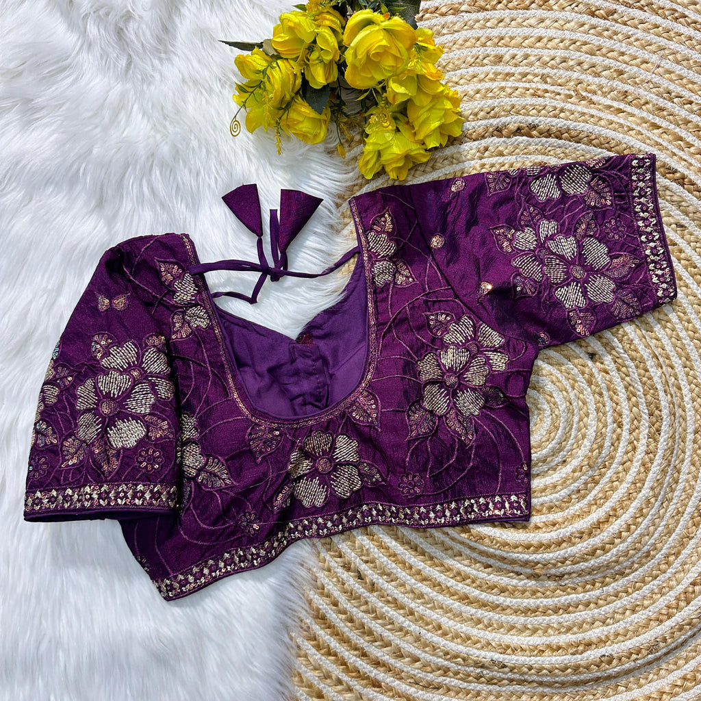 Purple Soft Silk Blouse with Beautiful Embroidery and Sequence Accents ClothsVilla