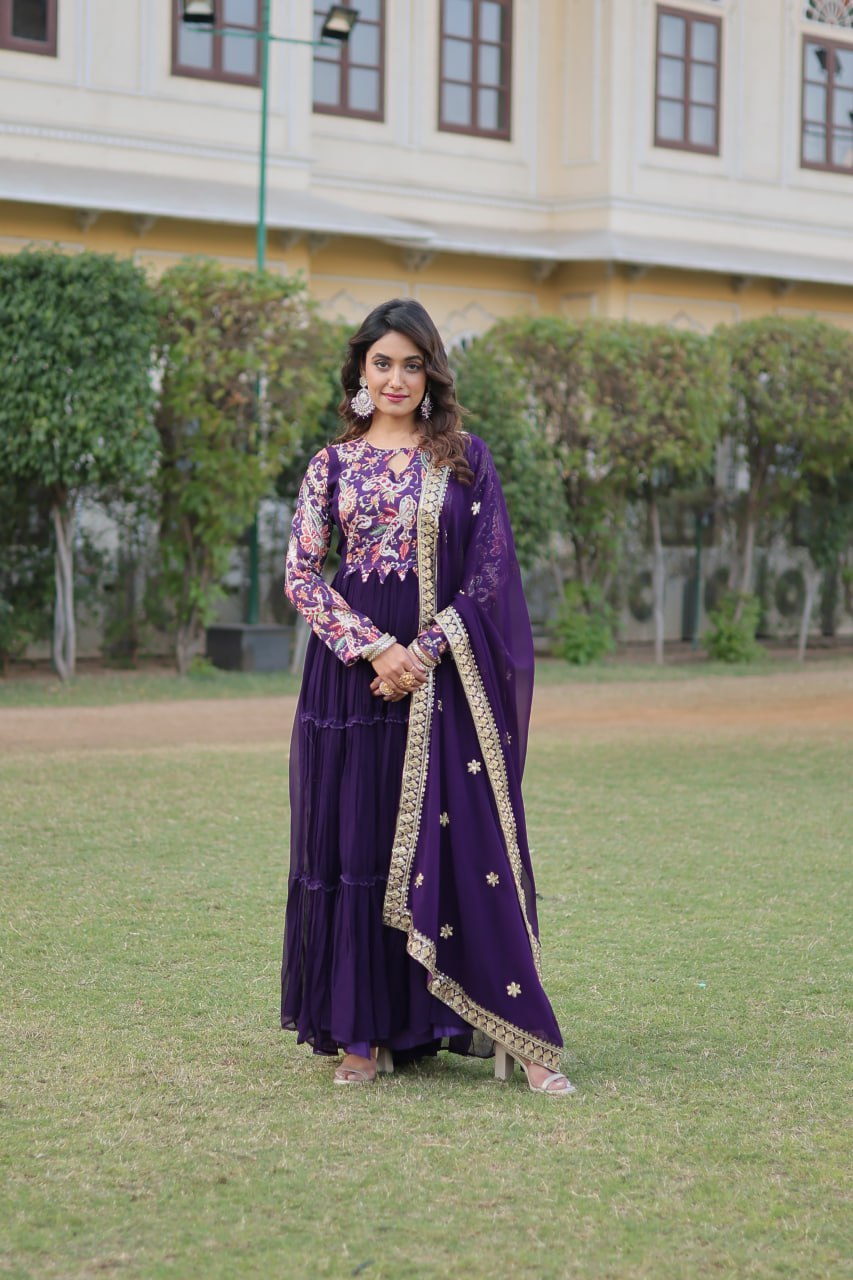 Purple Stunning Faux Georgette Gown Dupatta Collection in Vibrant Colors ClothsVilla