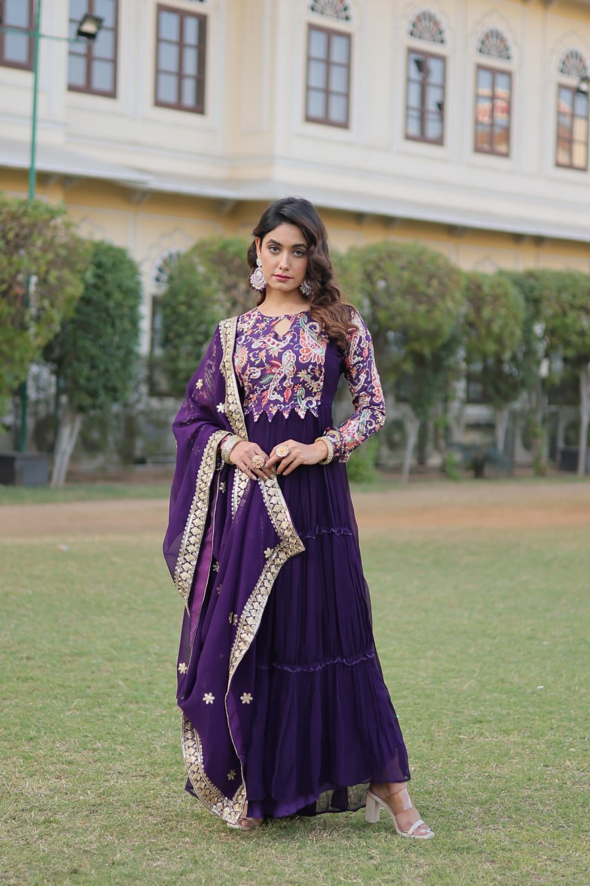 Purple Stunning Faux Georgette Gown Dupatta Collection in Vibrant Colors ClothsVilla