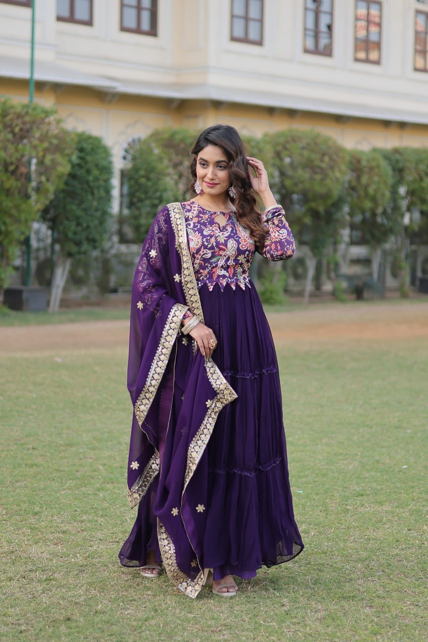 Purple Stunning Faux Georgette Gown Dupatta Collection in Vibrant Colors ClothsVilla