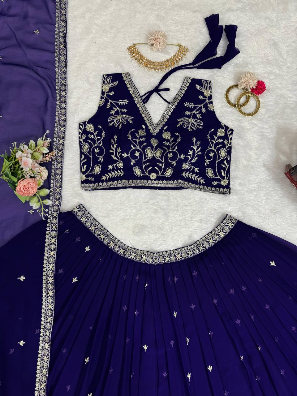 Purple Stunning Faux Georgette Sequin Embroidered Lehenga Choli Set with Lace Border Dupatta ClothsVilla