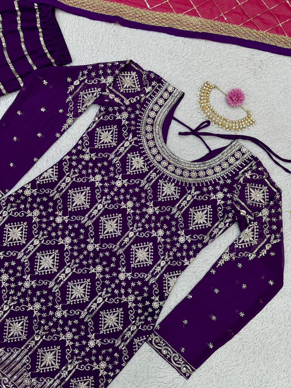Purple Stylish Fox Georgette Sharara Set with Sequin, Thread & Dori Work Fancy Lace Border Clothsvilla