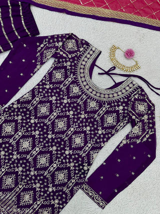 Purple Stylish Fox Georgette Sharara Set with Sequin, Thread & Dori Work Fancy Lace Border Clothsvilla