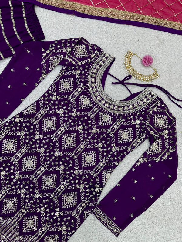 Purple Stylish Fox Georgette Sharara Set with Sequin, Thread & Dori Work Fancy Lace Border Clothsvilla