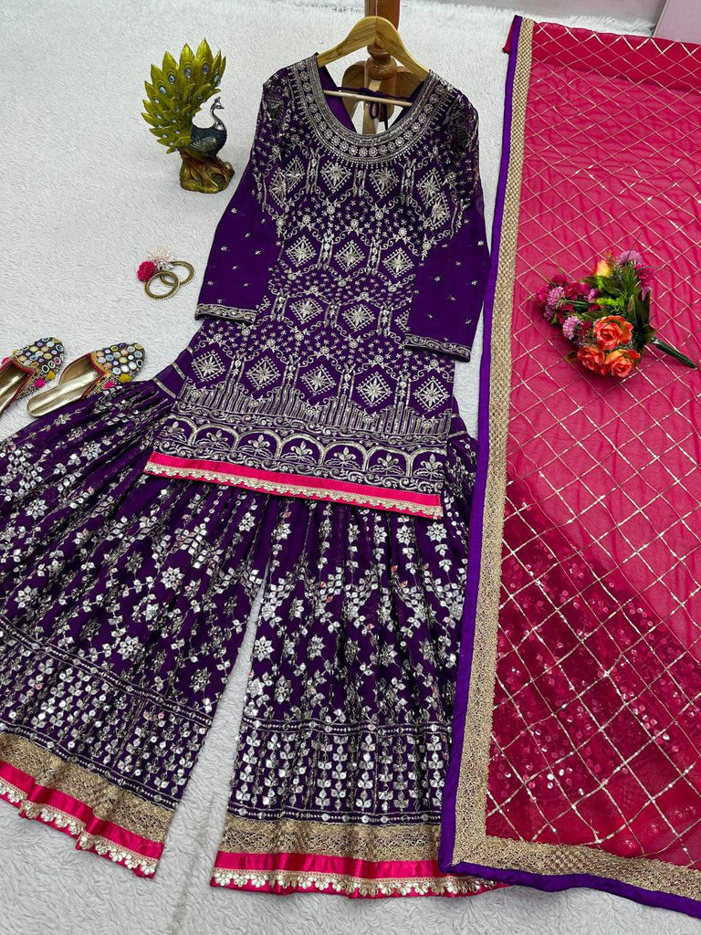 Purple Stylish Fox Georgette Sharara Set with Sequin, Thread & Dori Work Fancy Lace Border Clothsvilla