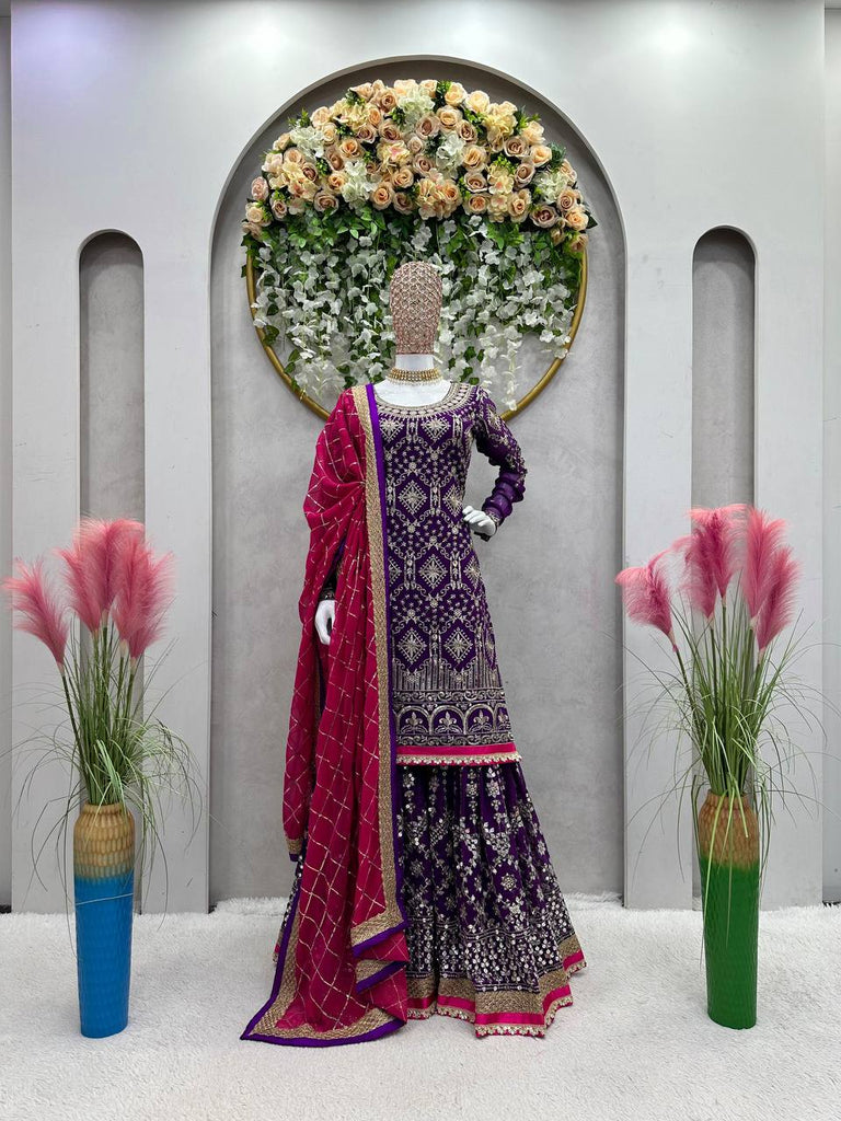 Purple Stylish Fox Georgette Sharara Set with Sequin, Thread & Dori Work Fancy Lace Border Clothsvilla