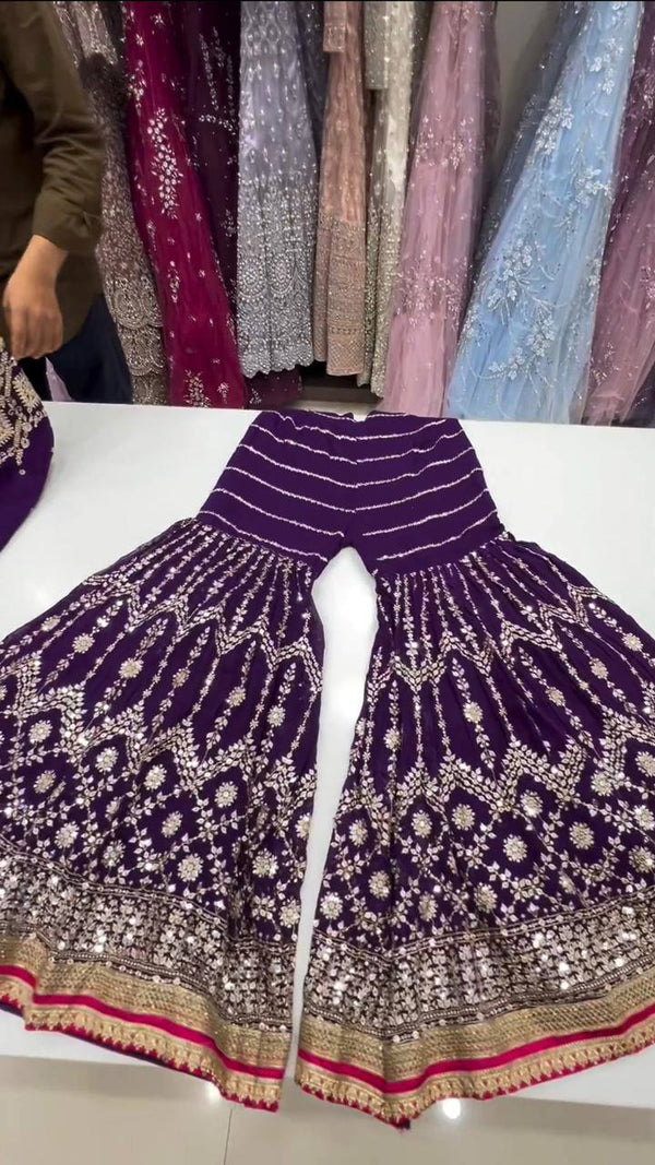 Purple Stylish Fox Georgette Sharara Set with Sequin, Thread & Dori Work Fancy Lace Border Clothsvilla