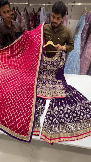 Purple Stylish Fox Georgette Sharara Set with Sequin, Thread & Dori Work Fancy Lace Border Clothsvilla