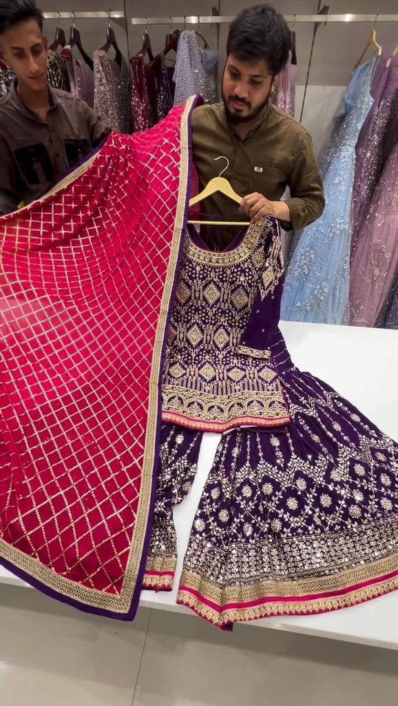 Purple Stylish Fox Georgette Sharara Set with Sequin, Thread & Dori Work Fancy Lace Border Clothsvilla