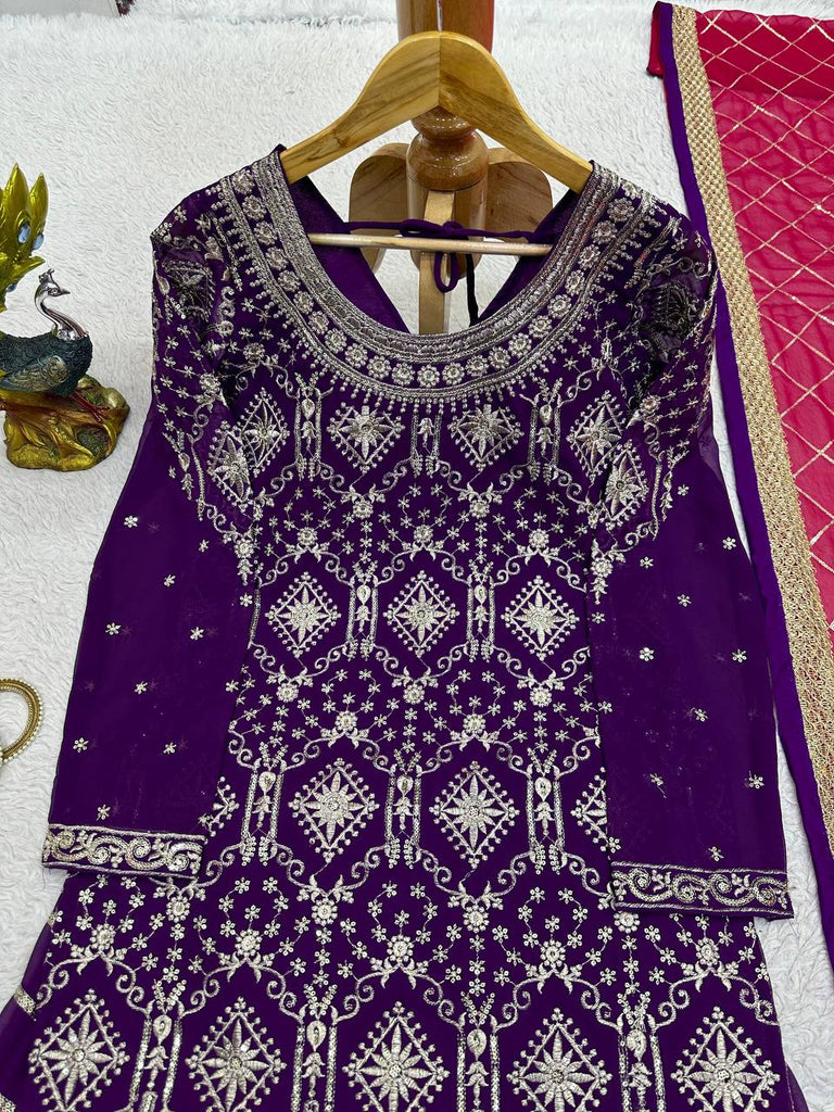 Purple Stylish Fox Georgette Sharara Set with Sequin, Thread & Dori Work Fancy Lace Border Clothsvilla