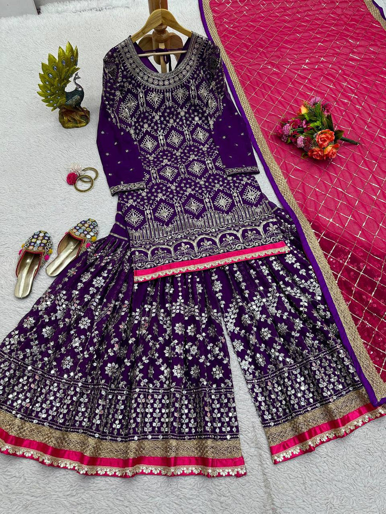 Purple Stylish Fox Georgette Sharara Set with Sequin, Thread & Dori Work Fancy Lace Border Clothsvilla