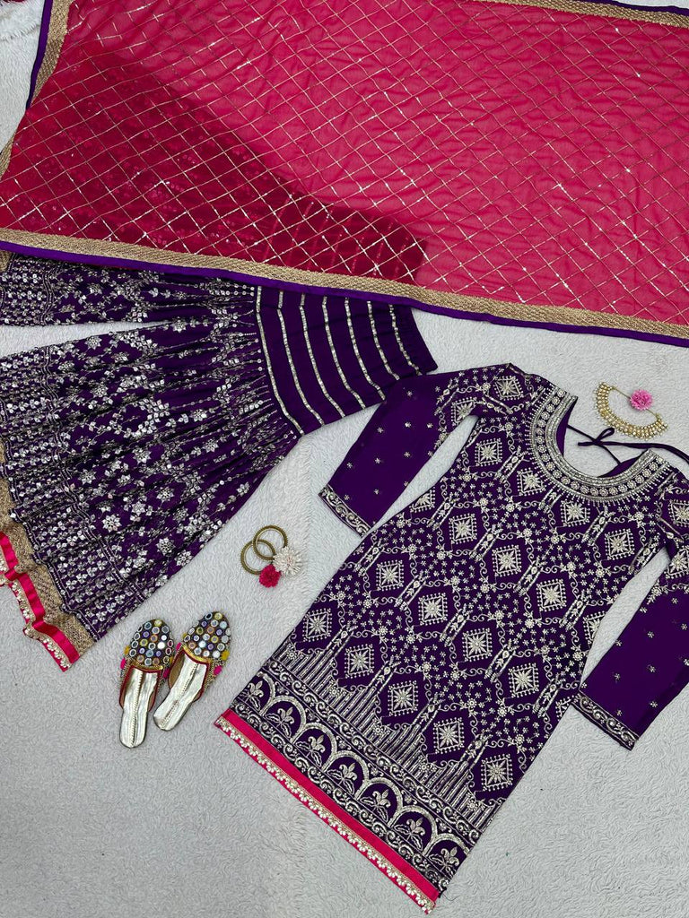 Purple Stylish Fox Georgette Sharara Set with Sequin, Thread & Dori Work Fancy Lace Border Clothsvilla