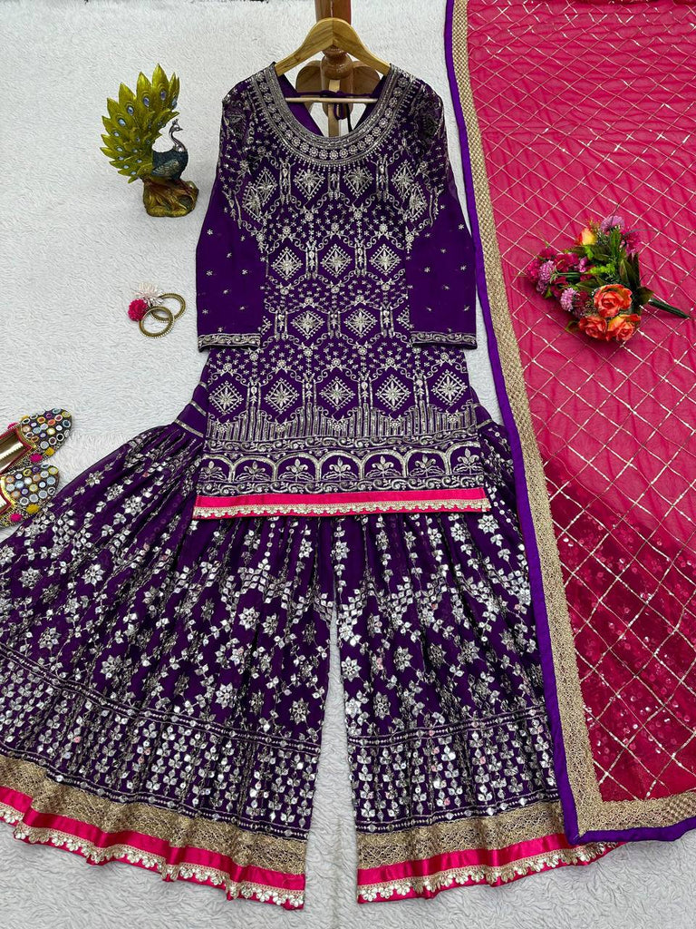 Purple Stylish Fox Georgette Sharara Set with Sequin, Thread & Dori Work Fancy Lace Border Clothsvilla