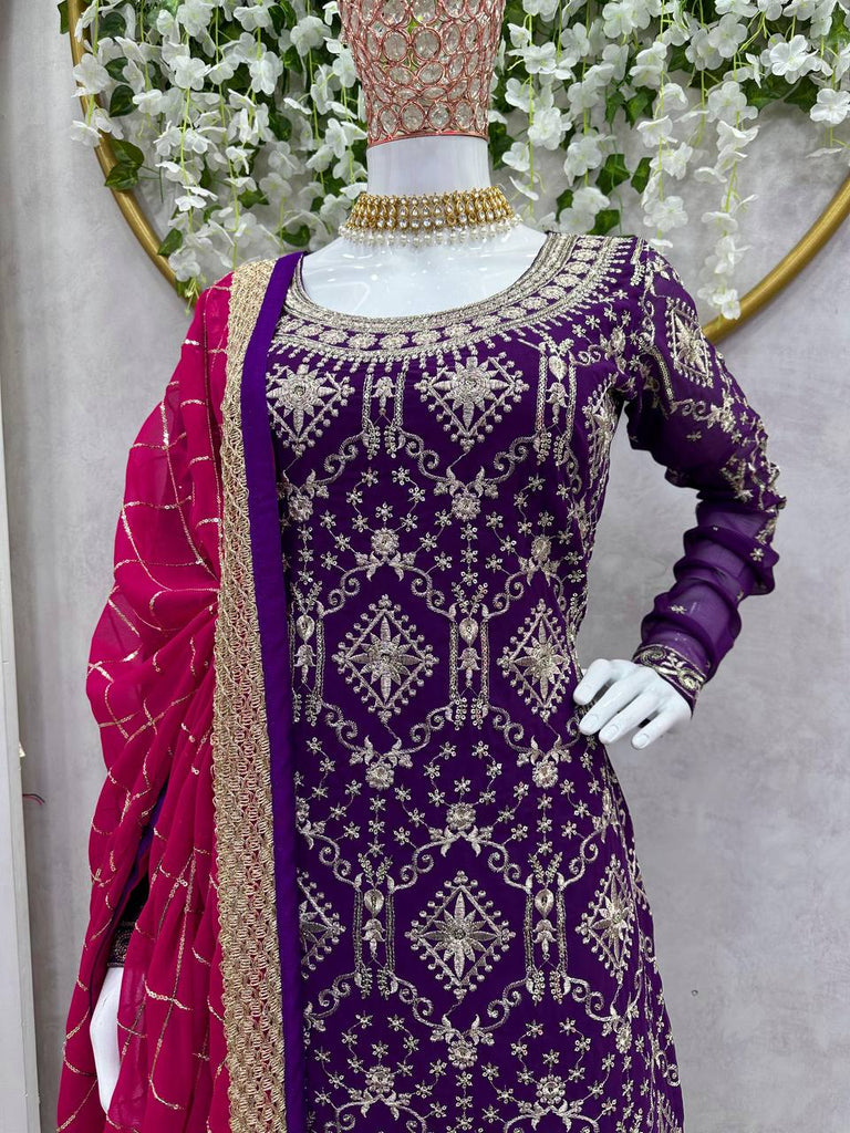 Purple Stylish Fox Georgette Sharara Set with Sequin, Thread & Dori Work Fancy Lace Border Clothsvilla