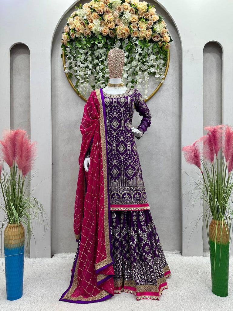Purple Stylish Fox Georgette Sharara Set with Sequin, Thread & Dori Work Fancy Lace Border Clothsvilla