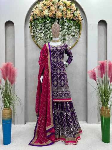 Purple Stylish Fox Georgette Sharara Set with Sequin, Thread & Dori Work Fancy Lace Border Clothsvilla