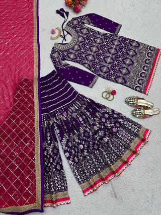 Purple Stylish Fox Georgette Sharara Set with Sequin, Thread & Dori Work Fancy Lace Border Clothsvilla
