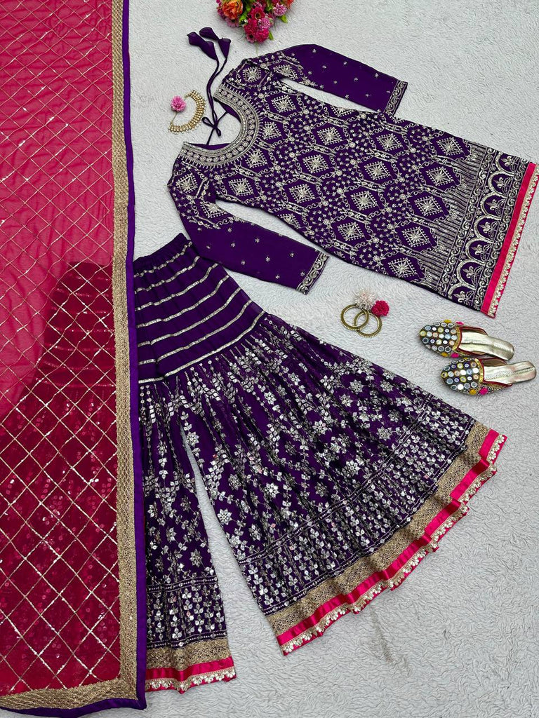 Purple Stylish Fox Georgette Sharara Set with Sequin, Thread & Dori Work Fancy Lace Border Clothsvilla