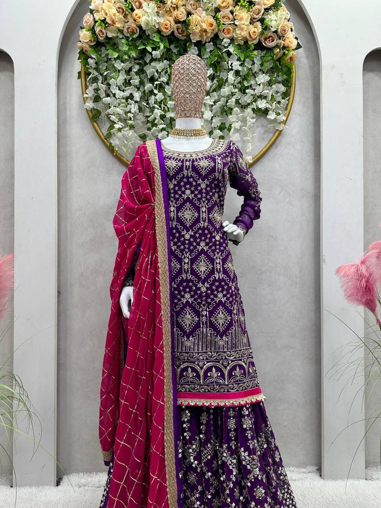 Purple Stylish Fox Georgette Sharara Set with Sequin, Thread & Dori Work Fancy Lace Border Clothsvilla