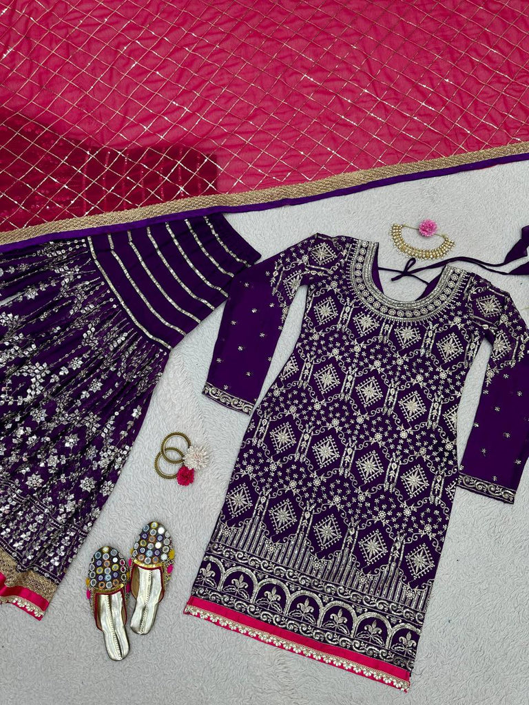 Purple Stylish Fox Georgette Sharara Set with Sequin, Thread & Dori Work Fancy Lace Border Clothsvilla