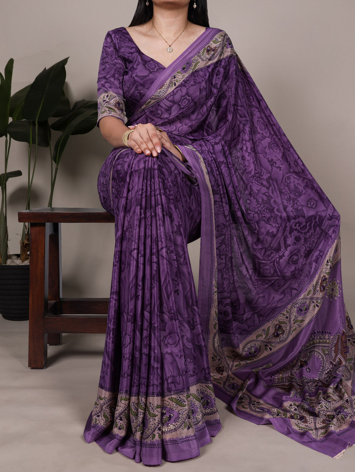Purple Stylish Printed Crepe Saree with Matching Blouse Piece ClothsVilla Main image
