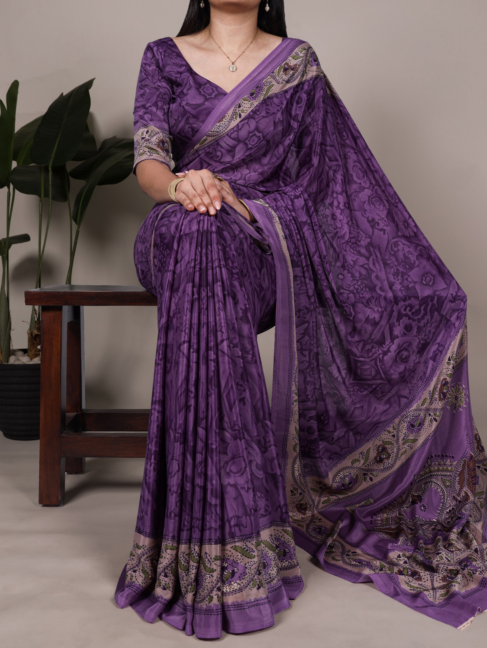 Purple Stylish Printed Crepe Saree with Matching Blouse Piece ClothsVilla Main image