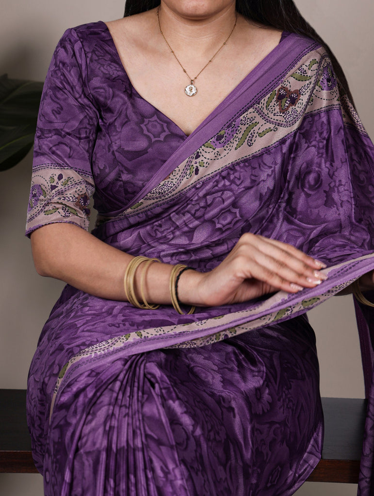 Purple Stylish Printed Crepe Saree with Matching Blouse Piece ClothsVilla